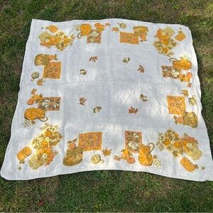 VTG Fall Harvest Linen Tablecloth Fruits Vegetables Nutmeg Spices Pumpkins 45x48